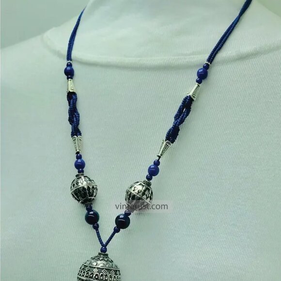Blue Beaded Pendant Necklace with Silver Tribal Charms and Tassels - Picture 7 of 14
